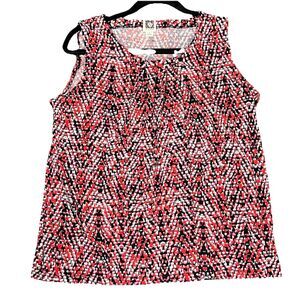 Anne Klein Womens Red Abstract Geometric Pleated Sleeveless Shell Blouse Large